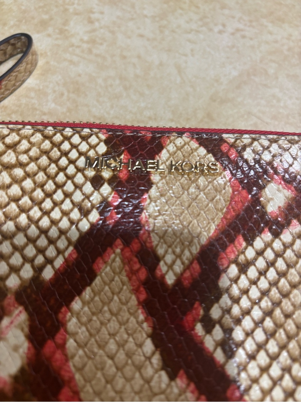 Michael Kors Red and Tan Snakeskin-Print Wristlet